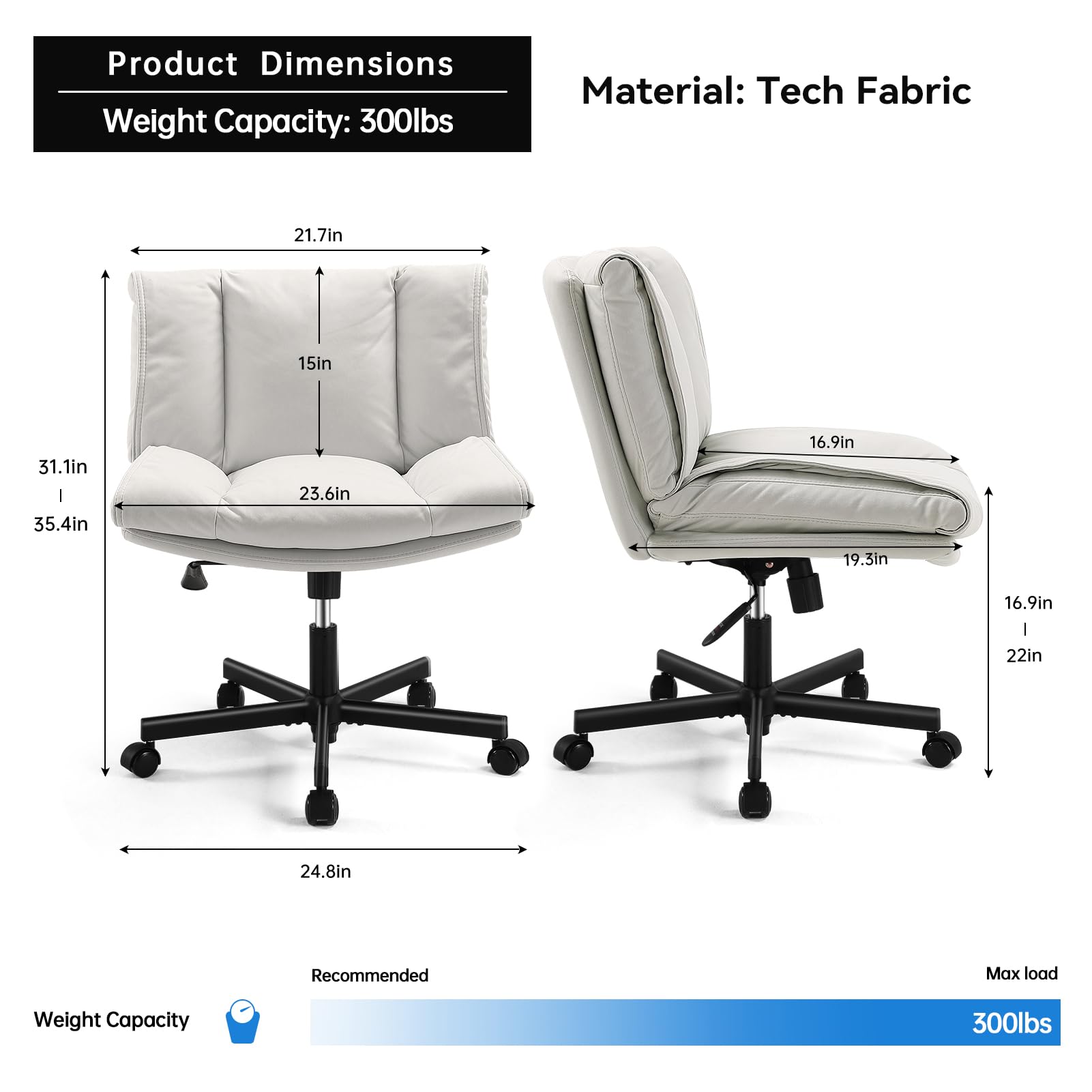 Criss Cross Chair with Wheels Swivel Rolling Armless Vanity Chair Adults Wide Seat Cross-legged Chair Convertible Fixed Wheels or Casters Desk Office Chair for Living Room, Bedroom, Makeup Room