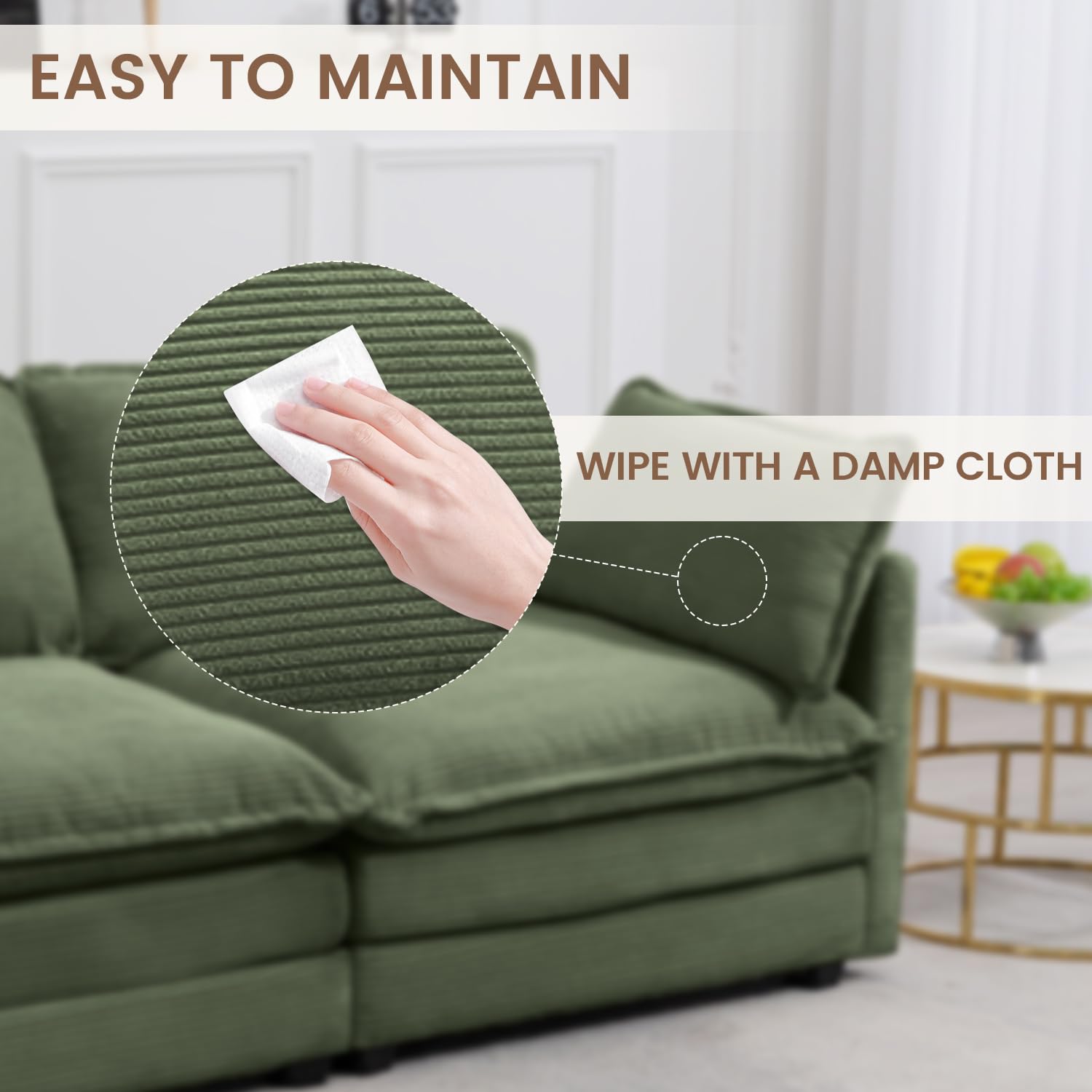 Sectional 2 Seat Cloud Loveseat with 2 Throw Pillows, Modern Corduroy Love Seat Sleeper Bed, Convertible Cozy Sofa for Living Room and Office, Green