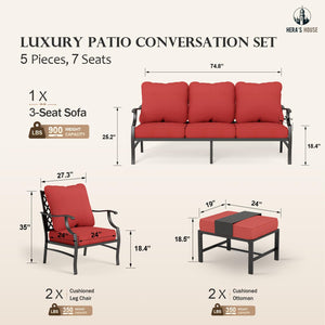 5 Piece Patio Furniture Set, 2 x Leg Chair, 2 x Ottoman, 1 x 3-Seat Sofa, All Cushioned 7 Seats Metal Outdoor Conversation Set for Lawn Garden Backyard