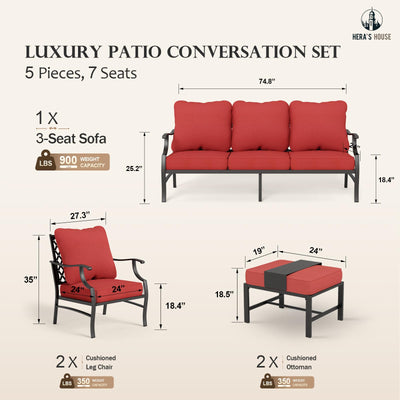 5 Piece Patio Furniture Set, 2 x Leg Chair, 2 x Ottoman, 1 x 3-Seat Sofa, All Cushioned 7 Seats Metal Outdoor Conversation Set for Lawn Garden Backyard