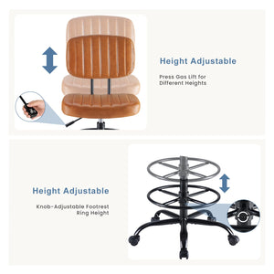 Armless Drafting Chair, Low Back Office Seat with Adjustable Footrest Ring for Standing Desk, Ergonomic PU Leather Office Seating, Swivel Rolling High Stool for Studio, Lab, Counter, Brown