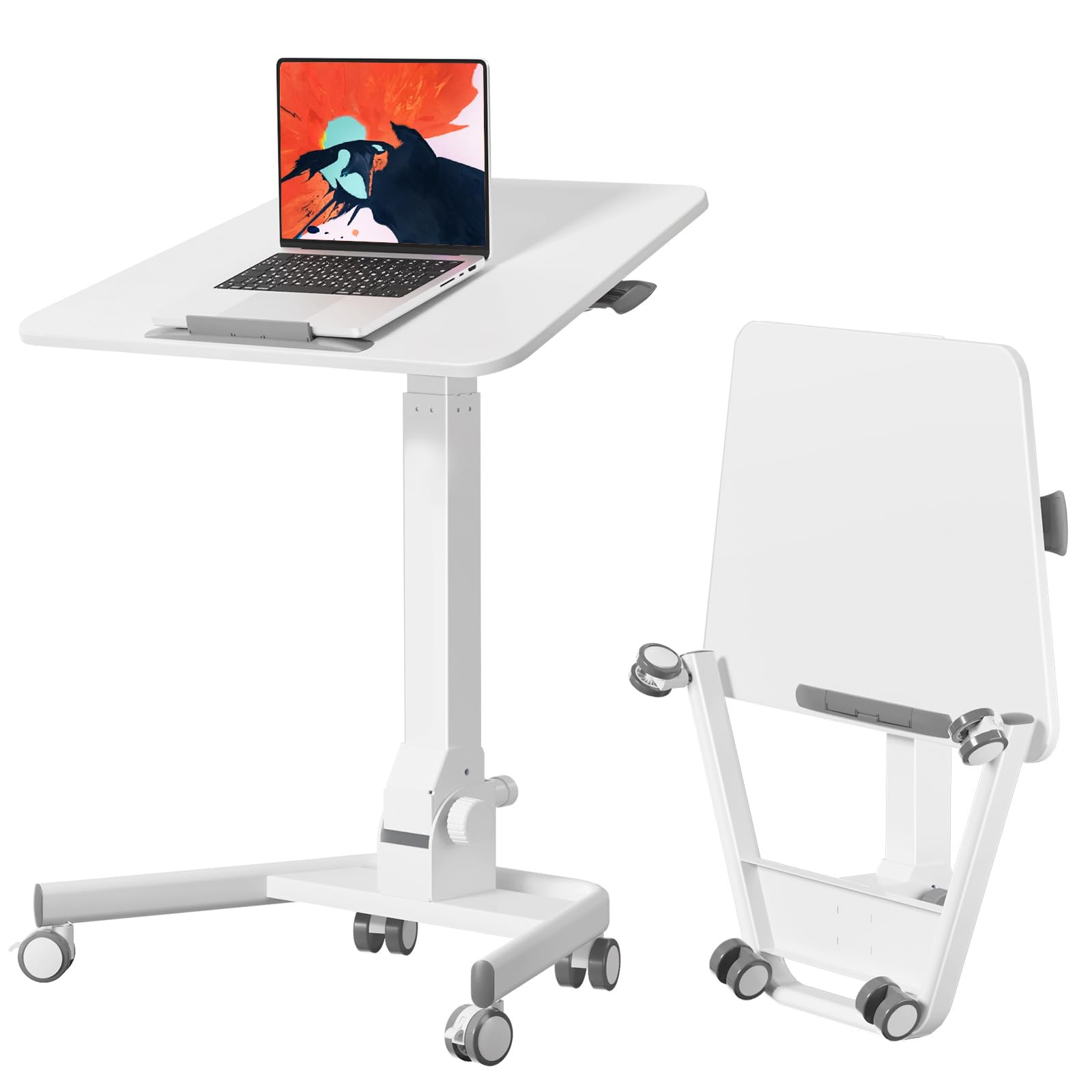 Foldable Mobile Standing Desk, 90 Tiltable Rolling Standing Desk, Height Adjustable Portable Laptop Workstation for Home Office, Easy to Fold, White