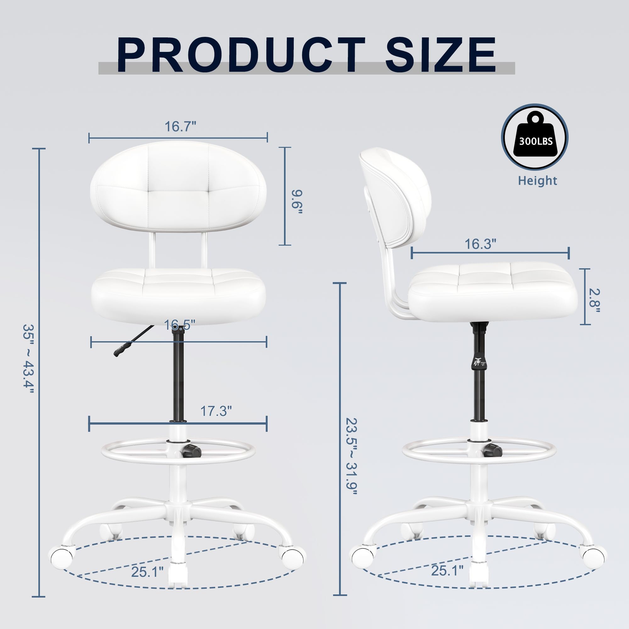 Drafting Chair, Armless Tall Office Chair with Footrest Ring for Standing Desk, Small Faux Leather Executive Computer Chair with Adjustable Height for Bar Lab Counter Height Desk, White