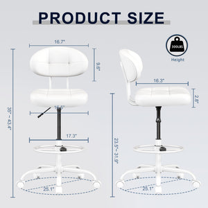 Drafting Chair, Armless Tall Office Chair with Footrest Ring for Standing Desk, Small Faux Leather Executive Computer Chair with Adjustable Height for Bar Lab Counter Height Desk, White