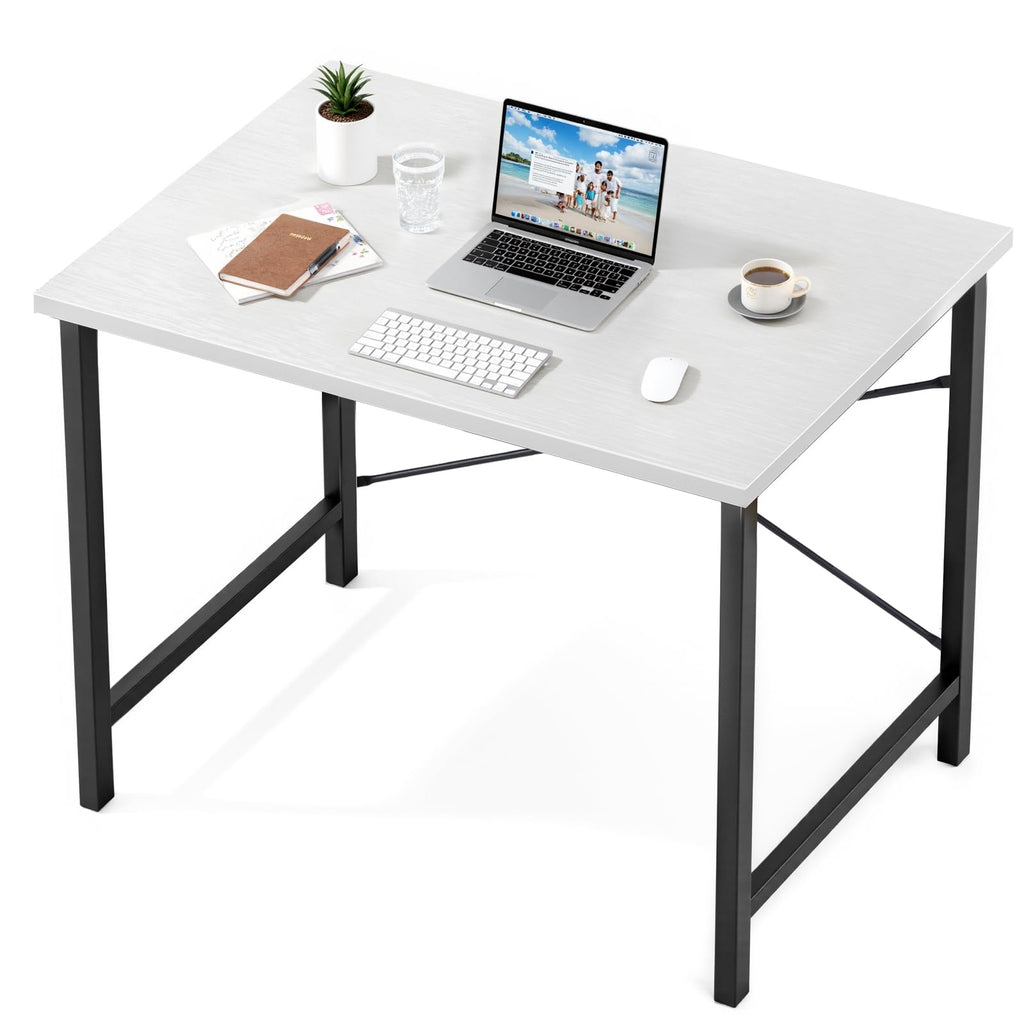 Computer Small Office Desk 32 Inch Student Study Writing Work with Metal Frame Wood Tabletop Modern Simple PC Home Bedroom Table, Modern White