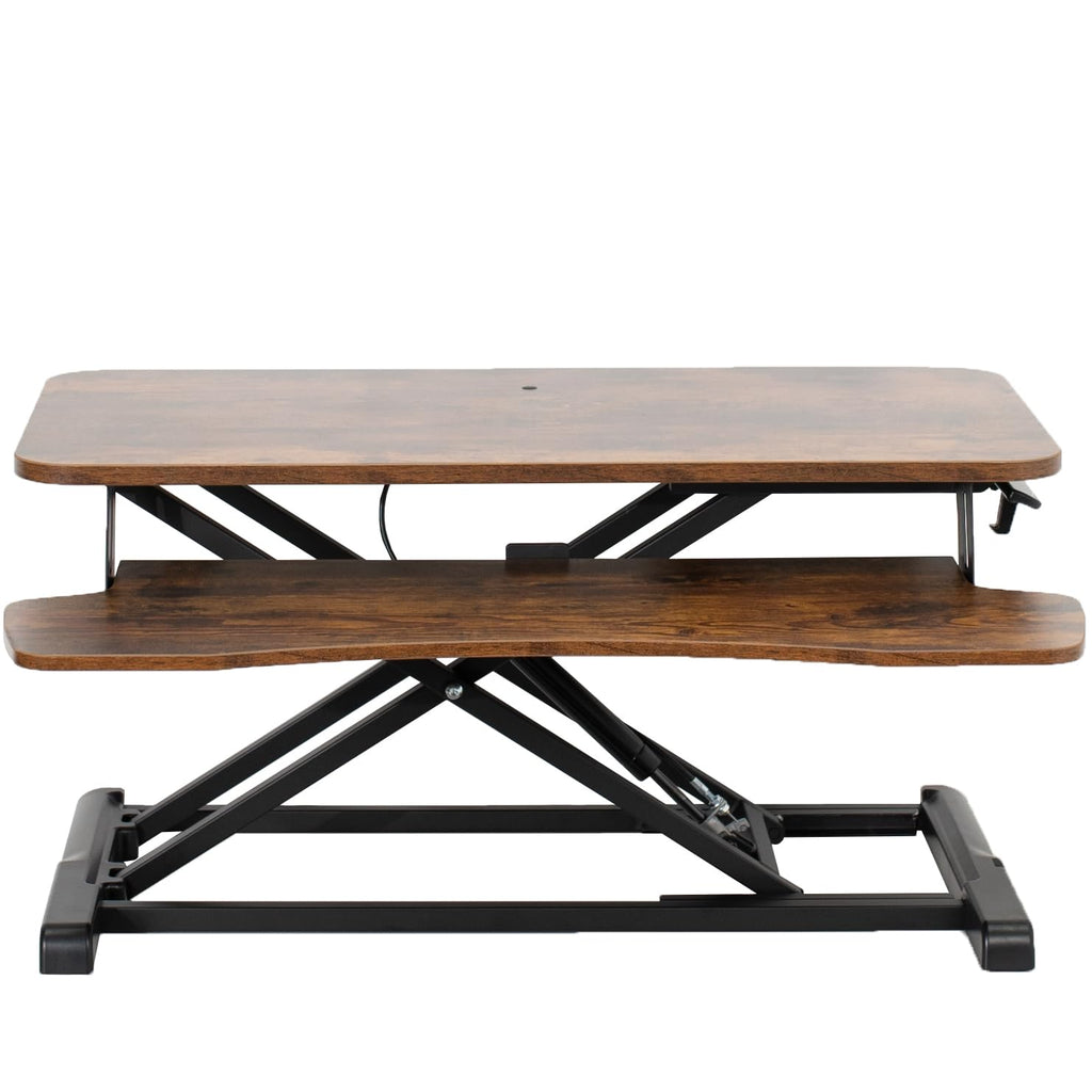 32 inch Desk Converter, K Series, Height Adjustable Sit to Stand Riser, Dual Monitor and Laptop Workstation with Wide Keyboard Tray, Vintage Brown Top, Black Frame, DESK-V000KN