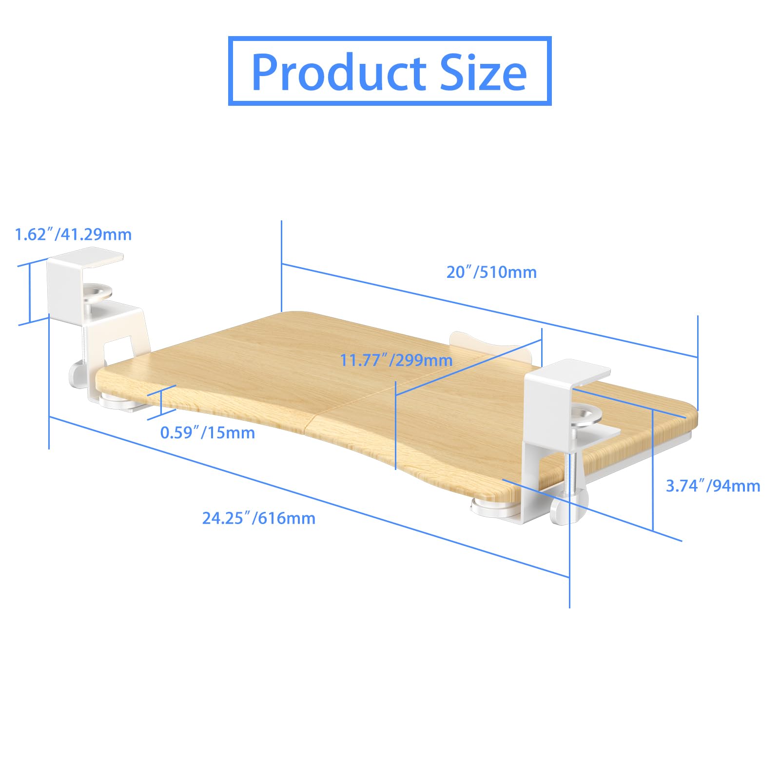 Small Keyboard Tray Under Desk Pull Out with C Clamp Mount for Computer Keyboard, 20 (24.2 Including Clamps) x 11.8 inch Slide-Out Platform Computer Drawer for Typing, Light Wood, DSF1SQM