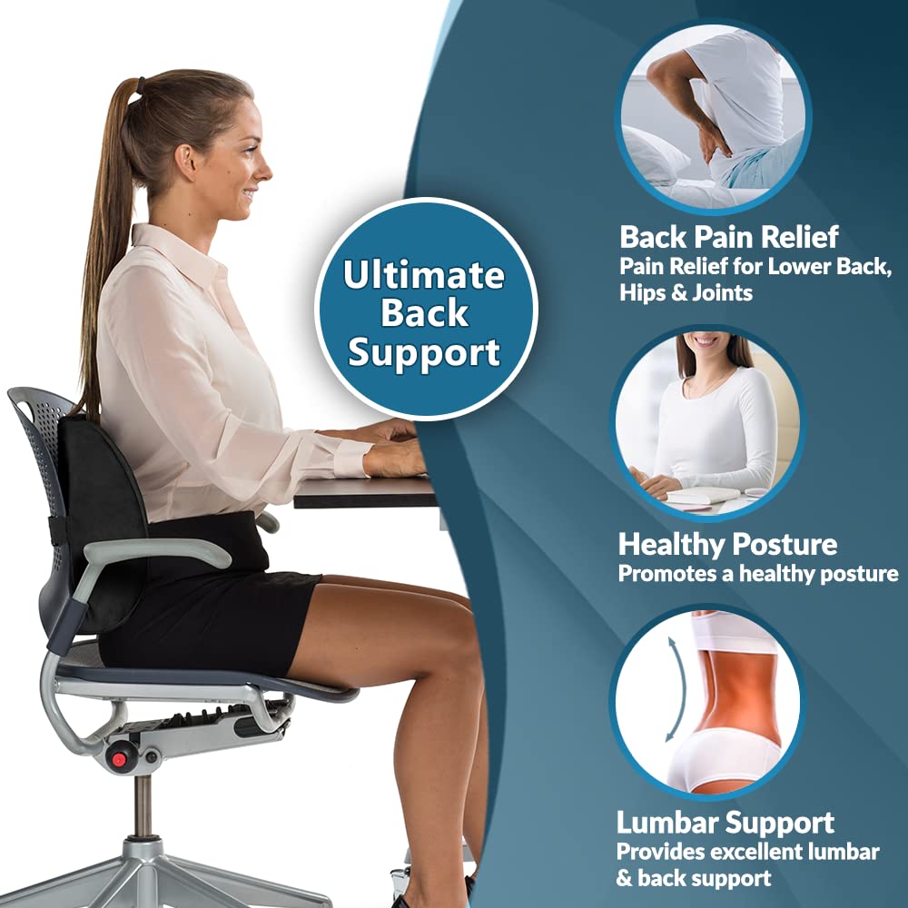 Lumbar Support Back Pillow Office Chair and Car Seat Cushion - Memory Foam with Adjustable Strap and Breathable 3D Mesh (Black)