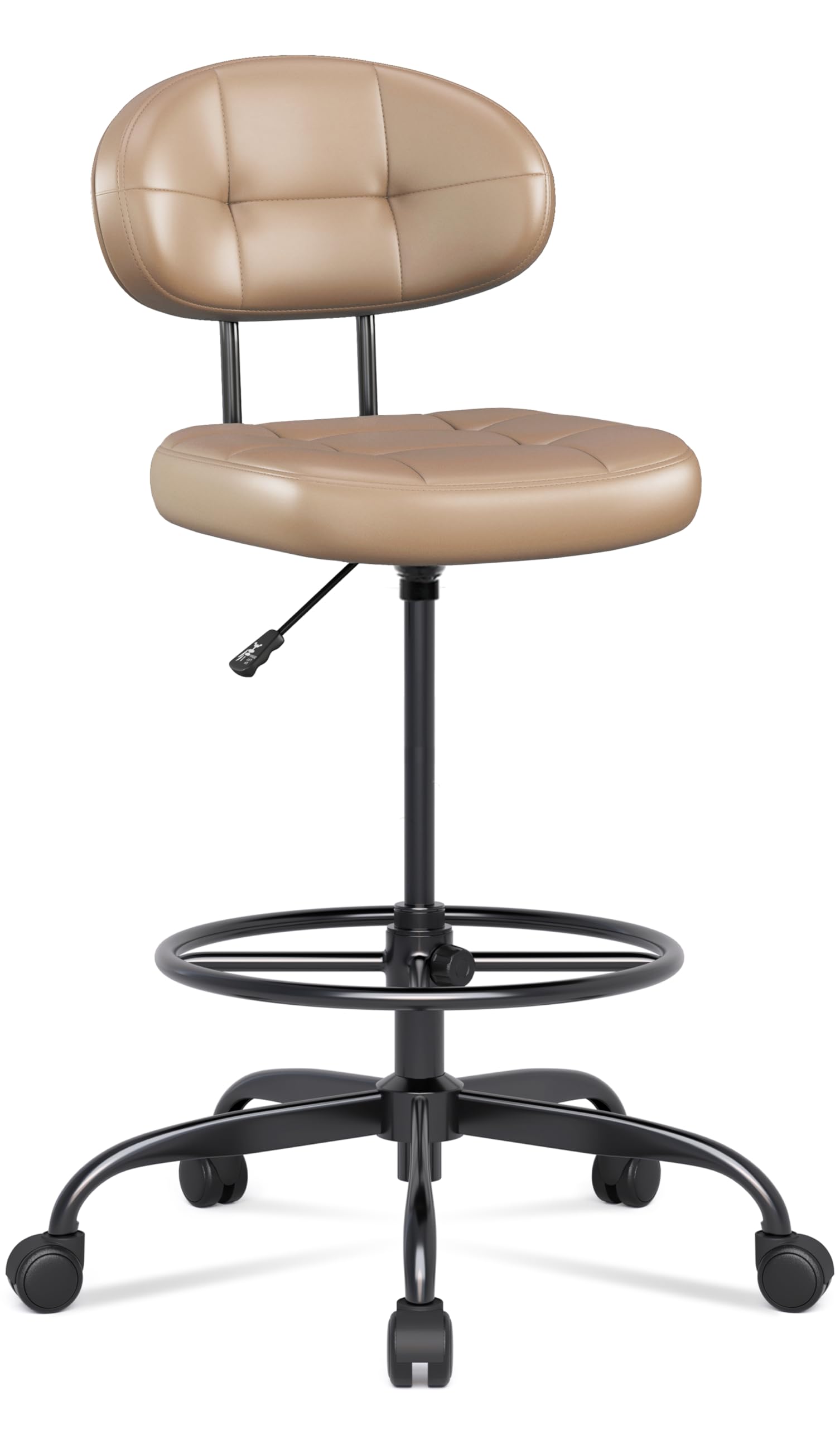 Drafting Chair Without Arms, Tall Office Chair with Footrest Ring for Standing Desk, Small Faux Leather Executive Office Chair with Adjustable Height for Bar Lab Counter Height Desk, Brown