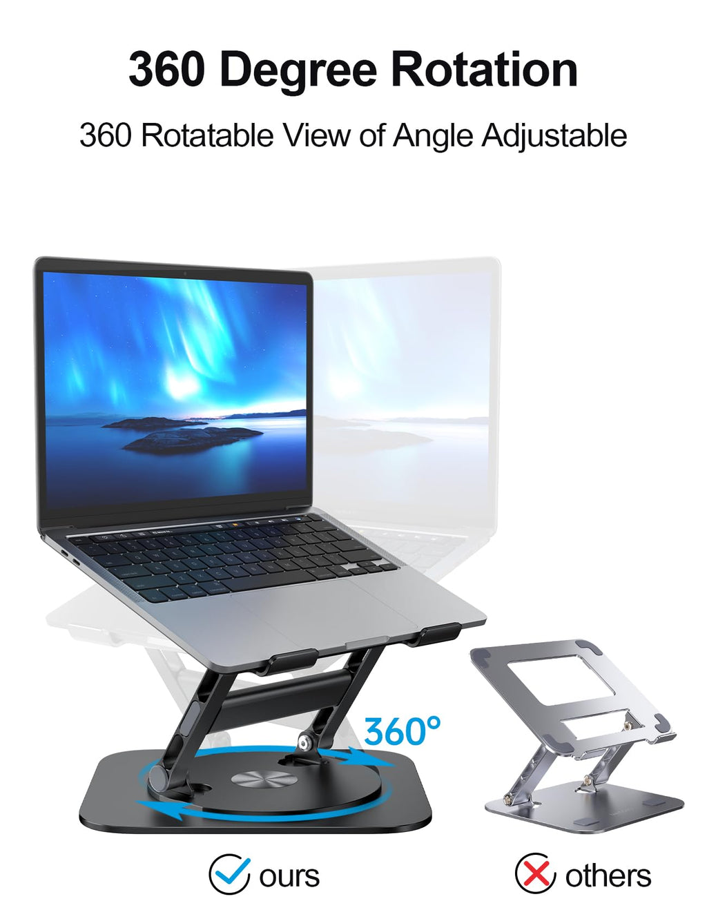 Laptop Stand, H-Design Stable Computer Stand, Ergonomic Laptop Riser with 360° Rotating Base, Notebook Compatible with All 10-17” Laptops, Black