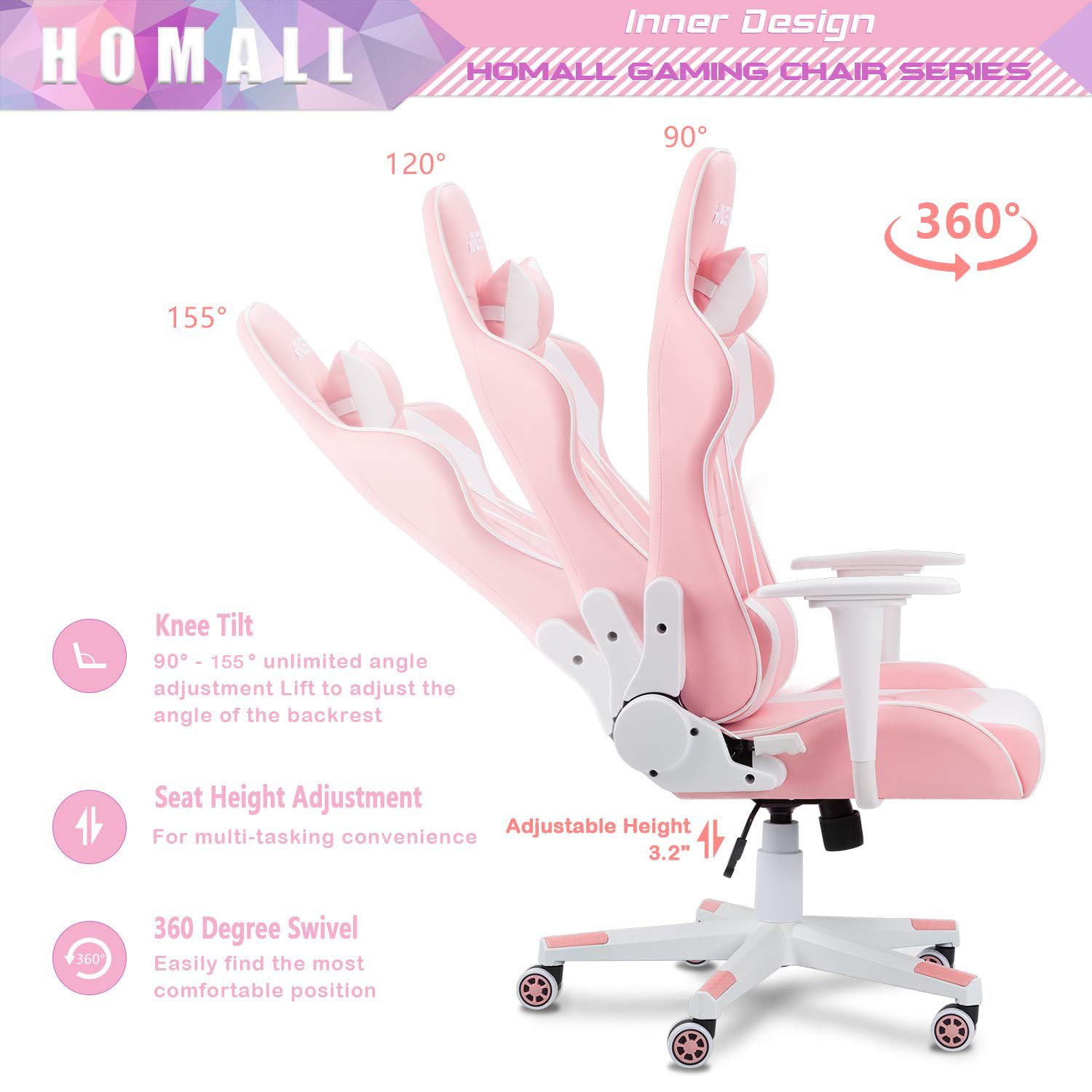 Gaming Chair, Office Chair High Back Computer Chair Leather Desk Chair Racing Executive Ergonomic Adjustable Swivel Task Chair with Headrest and Lumbar Support(Pink)