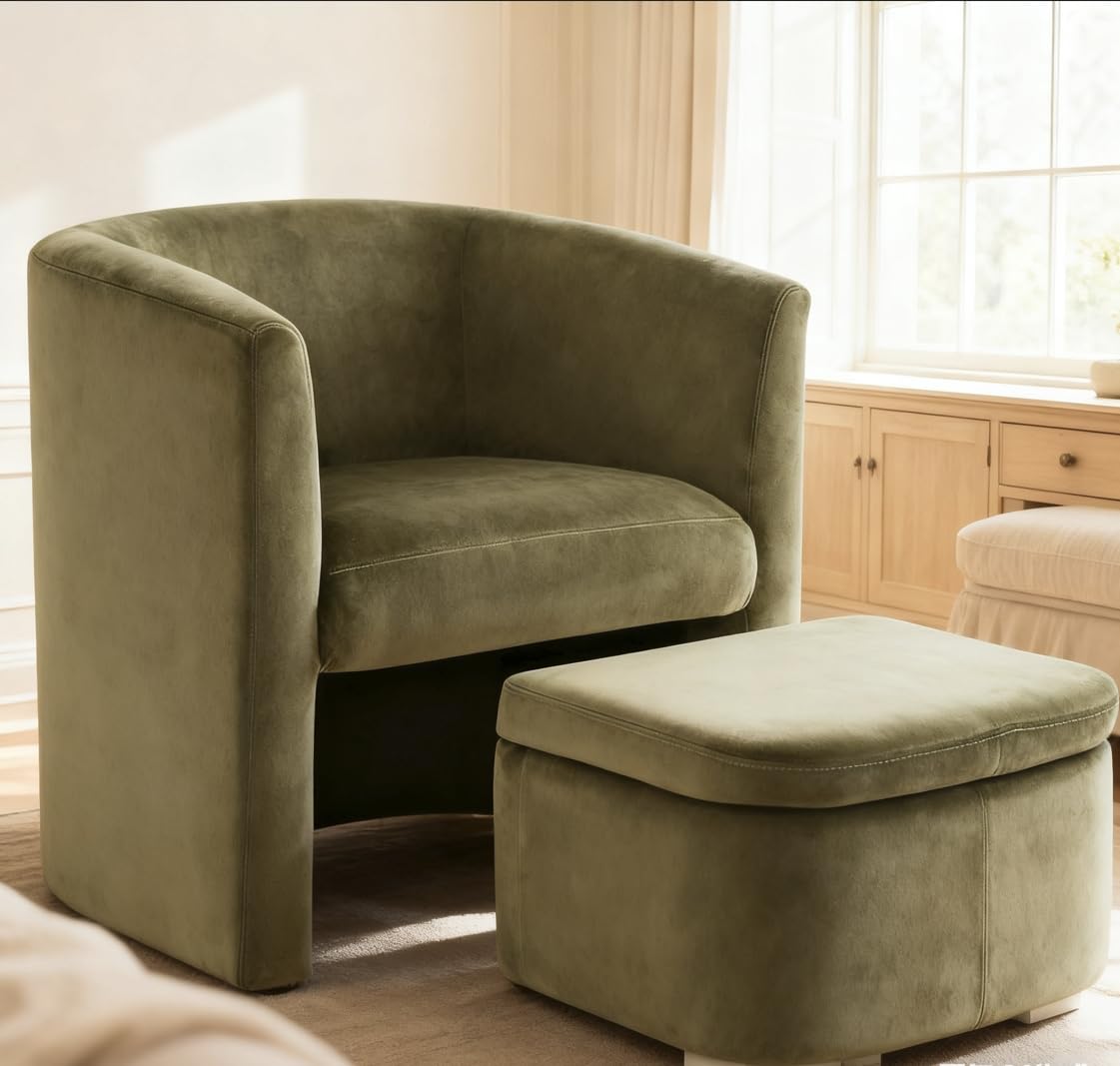 Velvet Morden Living Room Chair with Storage Ottoman, Barrel Accent Chair with Lounge Seat for Bedroom/Reading Spaces, Green