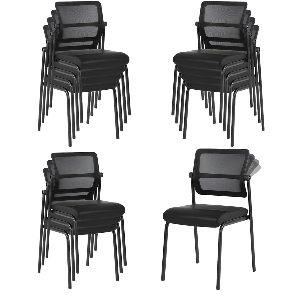 12PK Mesh Stacking Office Desk Chairs, Portable Stackable Bulk Waiting Room Armless Chair with Adjustable Back & Leather Seat for Guest Lobby Side School Church Conference Break, Black