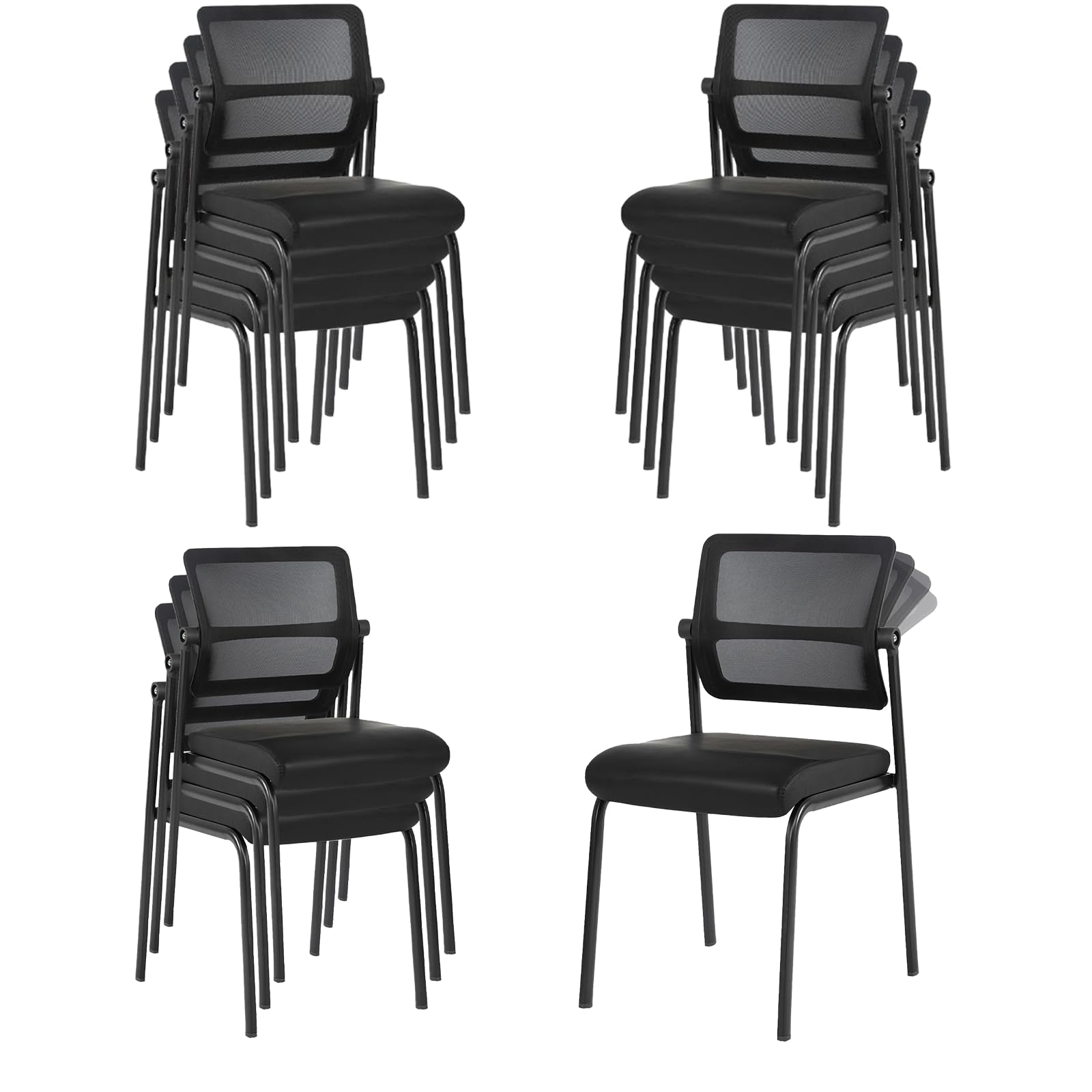 12PK Mesh Stacking Office Desk Chairs, Portable Stackable Bulk Waiting Room Armless Chair with Adjustable Back & Leather Seat for Guest Lobby Side School Church Conference Break, Black