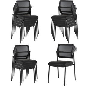 12PK Mesh Stacking Office Desk Chairs, Portable Stackable Bulk Waiting Room Armless Chair with Adjustable Back & Leather Seat for Guest Lobby Side School Church Conference Break, Black