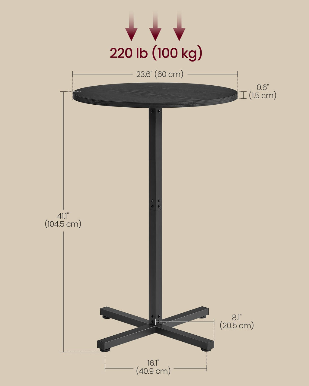 Round Cocktail Table, High Top Bar Pub Table with Metal Frame and Cross Base, for 2-3 People, Modern, Easy to Assemble, 23.6 x 23.6 Inches, Ebony Black