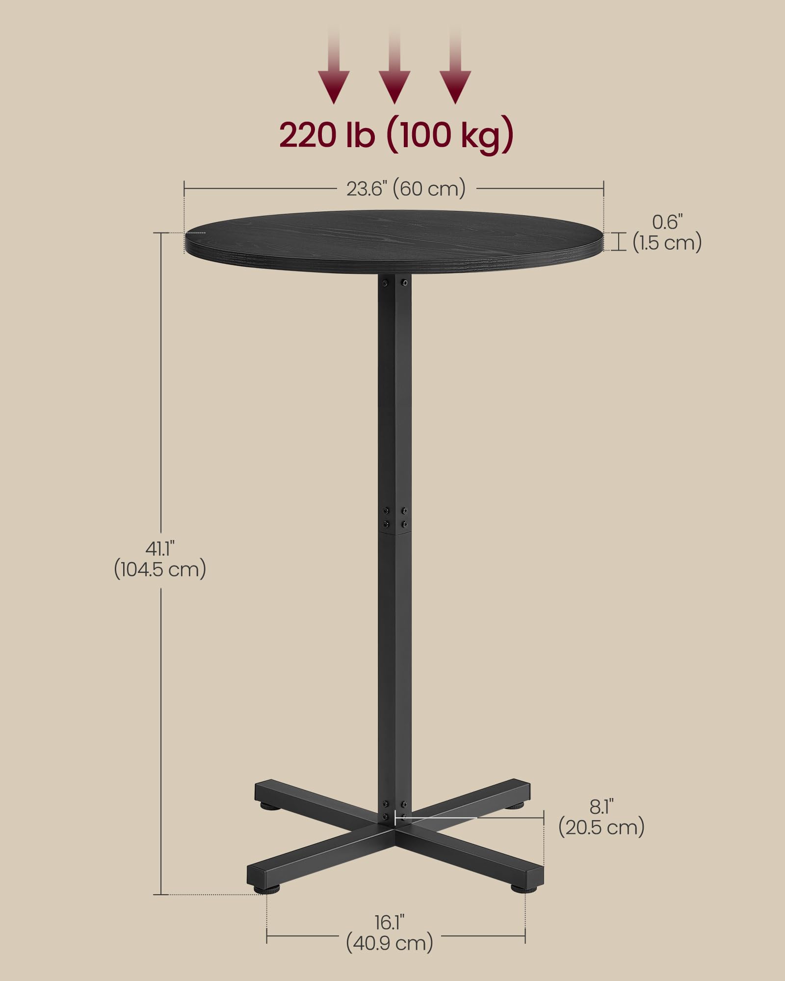 Round Cocktail Table, High Top Bar Pub Table with Metal Frame and Cross Base, for 2-3 People, Modern, Easy to Assemble, 23.6 x 23.6 Inches, Ebony Black