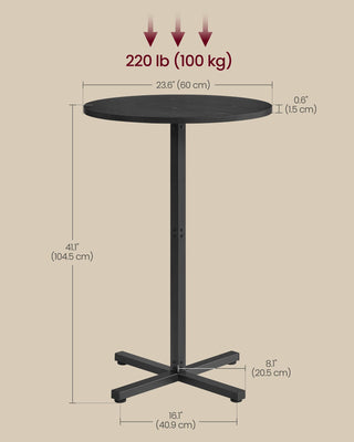 Round Cocktail Table, High Top Bar Pub Table with Metal Frame and Cross Base, for 2-3 People, Modern, Easy to Assemble, 23.6 x 23.6 Inches, Ebony Black