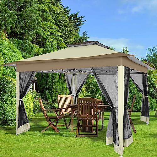 12x12 Pop Up Gazebo On Clearance - Upgrade Easy Up Metal Outdoor Canopy Waterproof - Portable Gazebo with Mosquito Nettings, 4 Ropes 8 Stakes and Carry Bag for Patio Garden(Khaki)