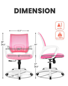 Office Desk Computer Chair Ergonomic Mesh Gaming Cushion Seat with Comfy Lumbar Mid Back Support Adjustable Height Swivel Rolling Wheels for Home Task (Pink)