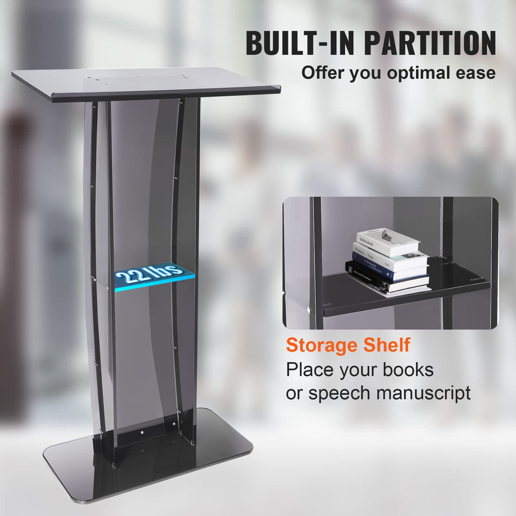 Acrylic Podium, 47" Acrylic Podium Stand with Wide Reading Surface & Storage Shelf, Floor-Standing Clear Pulpits Acrylic for Church Office School, Black