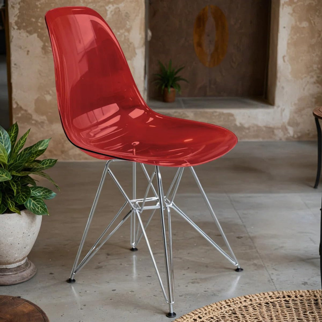 Dining, Modern Chrome Eiffel Base and Curved Back Design, Ergonomic and Lightweight Accent Side Chair for Mid-Century Home, Kitchen, and Café (Transparent Red, Singles)