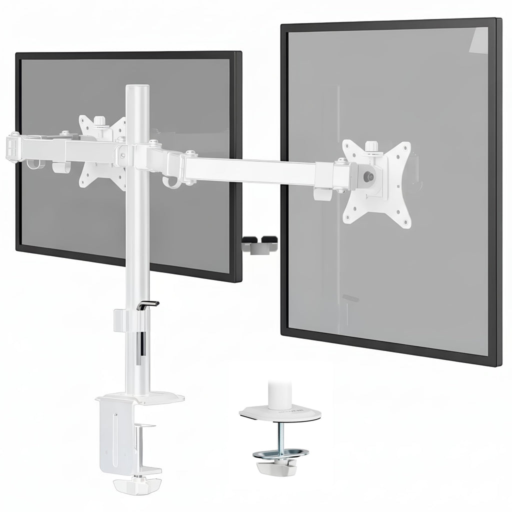 Dual Monitor Mount for Desk, Adjustable Tilt Swivel on Double Monitor Mounts for Screens up to 32”, Dual Monitor Arms for 2 Monitors, VESA 75x75 and 100x100 C-clamp & Grommet in White