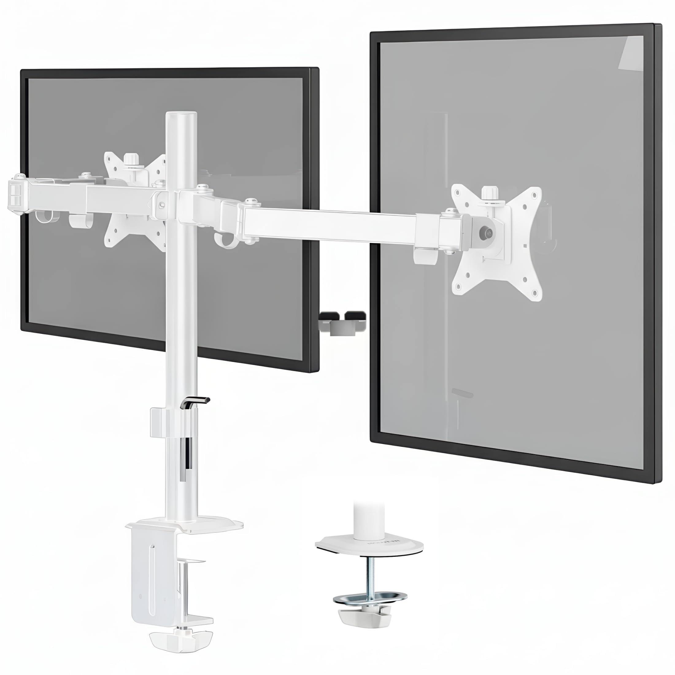 Dual Monitor Mount for Desk, Adjustable Tilt Swivel on Double Monitor Mounts for Screens up to 32”, Dual Monitor Arms for 2 Monitors, VESA 75x75 and 100x100 C-clamp & Grommet in White