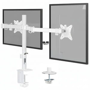 Dual Monitor Mount for Desk, Adjustable Tilt Swivel on Double Monitor Mounts for Screens up to 32”, Dual Monitor Arms for 2 Monitors, VESA 75x75 and 100x100 C-clamp & Grommet in White