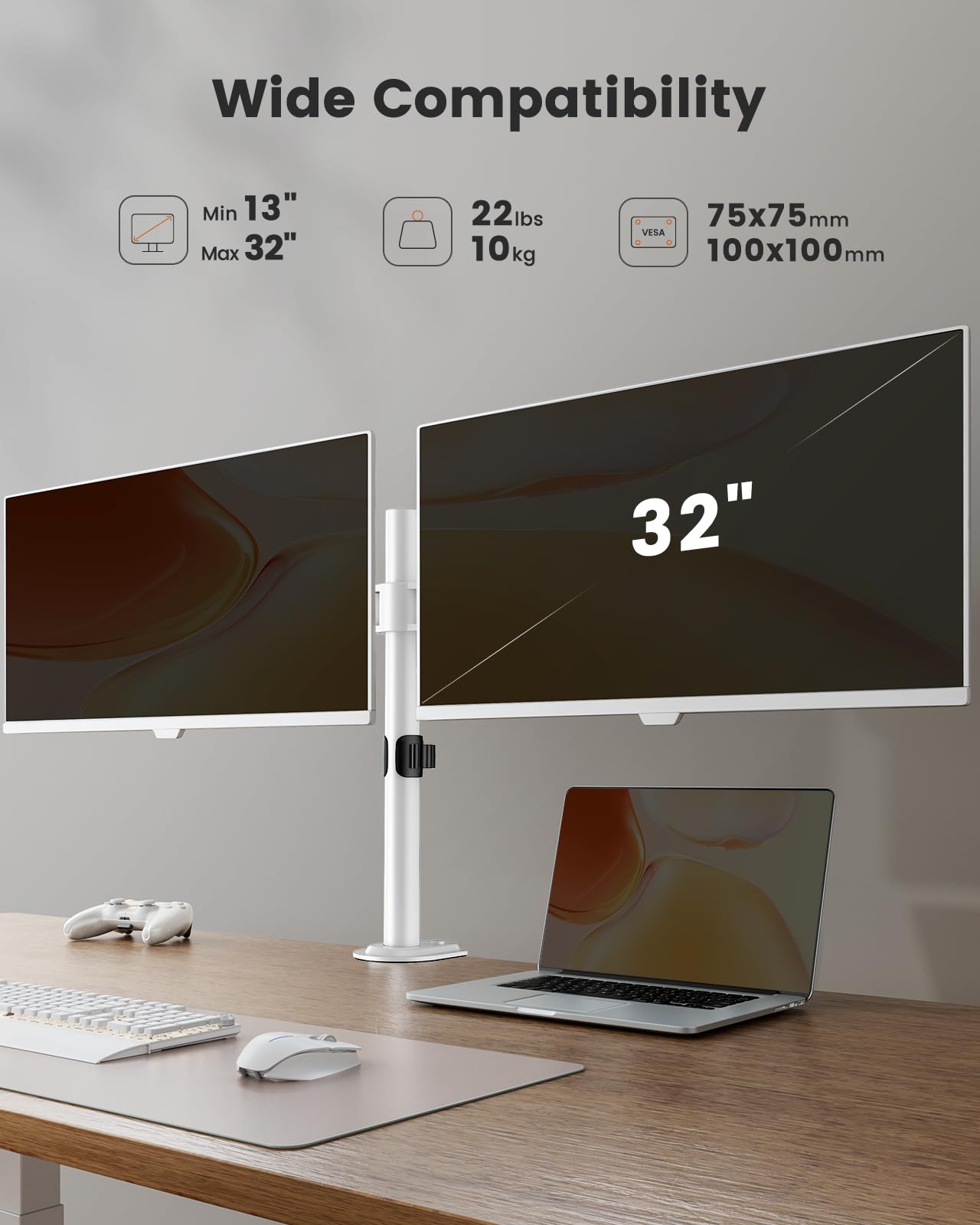 Fully Adjustable Dual Monitor Mount for 2 Screens up to 32 Inches, Holds up to 17.6 lbs Each Arm, Desk Stand, White