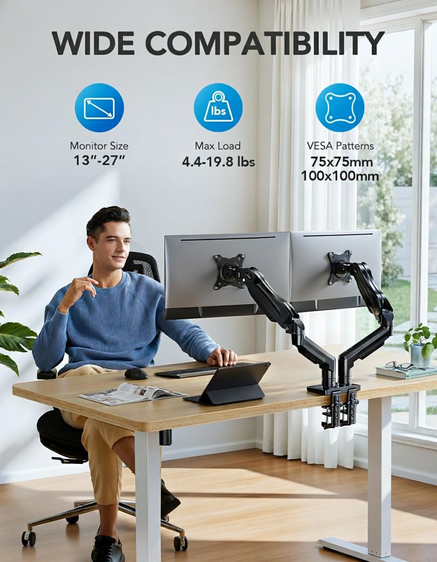 Dual Monitor Stand, Fully Adjustable Gaming Monitor Desk Mount for 13–27″ Computer Screens, Full Motion VESA 75x75/100x100 with C-Clamp & Grommet Base, Each Arm Holds 4.4 to 19.8 lbs