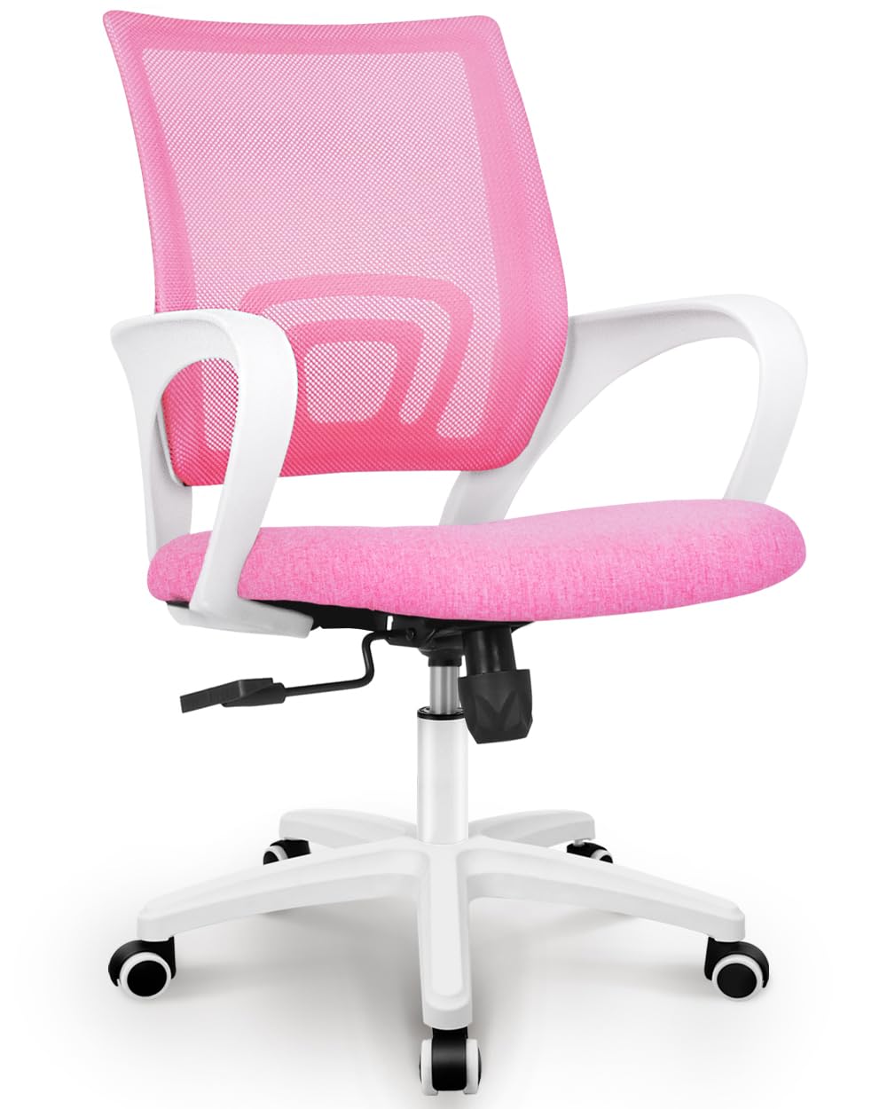 Office Desk Computer Chair Ergonomic Mesh Gaming Cushion Seat with Comfy Lumbar Mid Back Support Adjustable Height Swivel Rolling Wheels for Home Task (Pink)