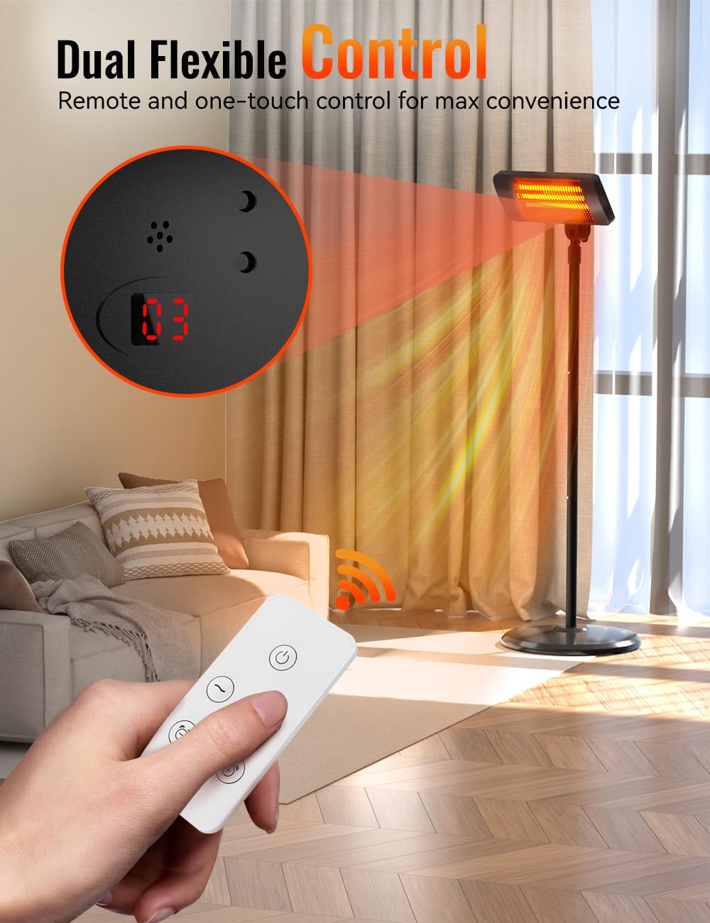 Outdoor Heaters for Patio, 12H Timer&3 Heat Level, IP54 Waterproof Electric Heater,1500W Infrared Heating Covers 300Sq.ft, Tip-Over Protection, Towel Bracket, Remote, 83" Patio Heaters for Outdoor Use