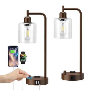 Industrial Table Lamps for Bedrooms Set of 2 - Fully Dimmable Bedside Lamps with USB Ports and Outlet, Brown Nightstand Lamps with Glass Shade for Living Room, Desk Lamps for Office Reading