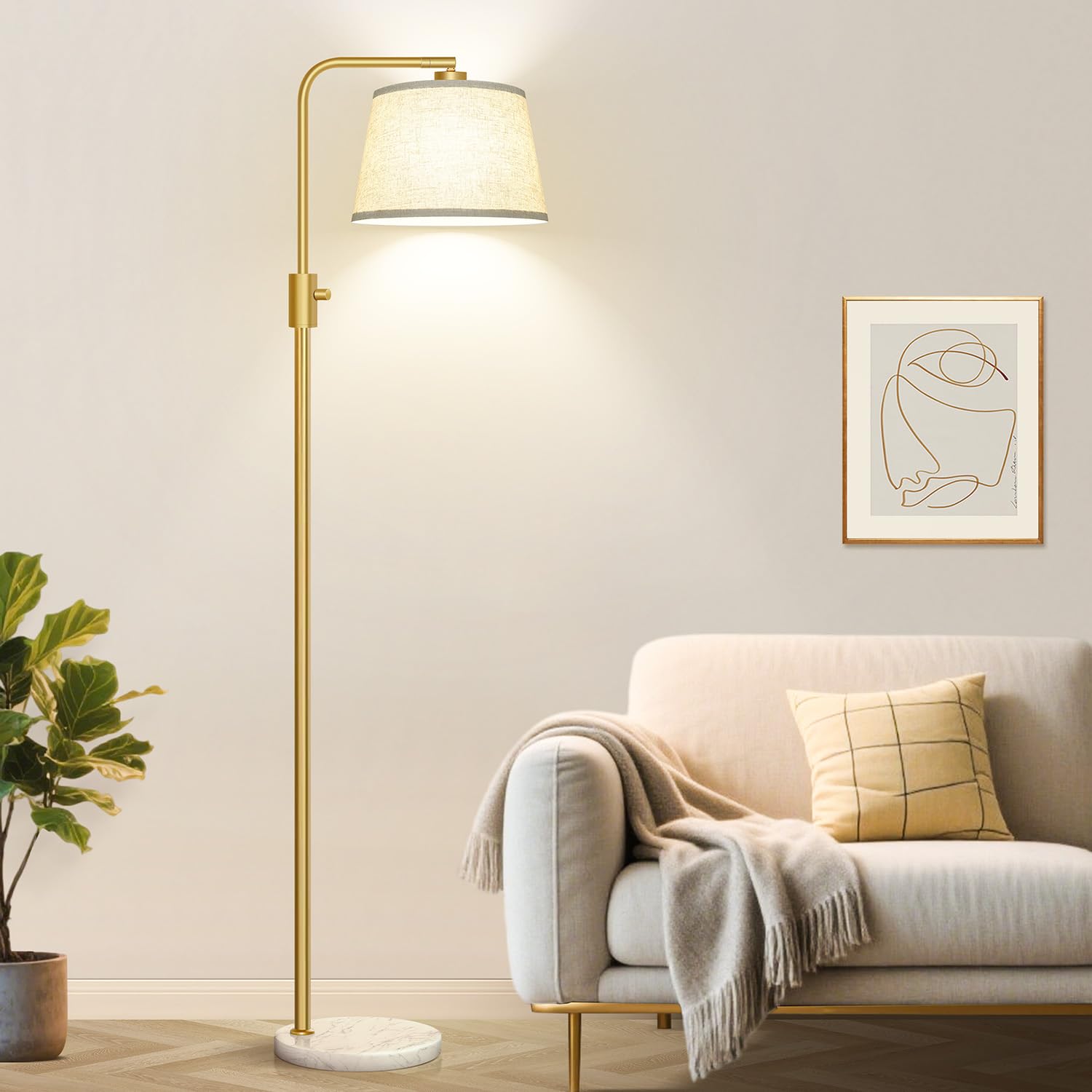 Dimmable Gold Floor Lamp, 1000 LM LED Edison Bulb Included, Arc Floor Lamps for Living Room with Marble Base, Modern Standing Lamp Tall Lamps for Living Room Bedroom