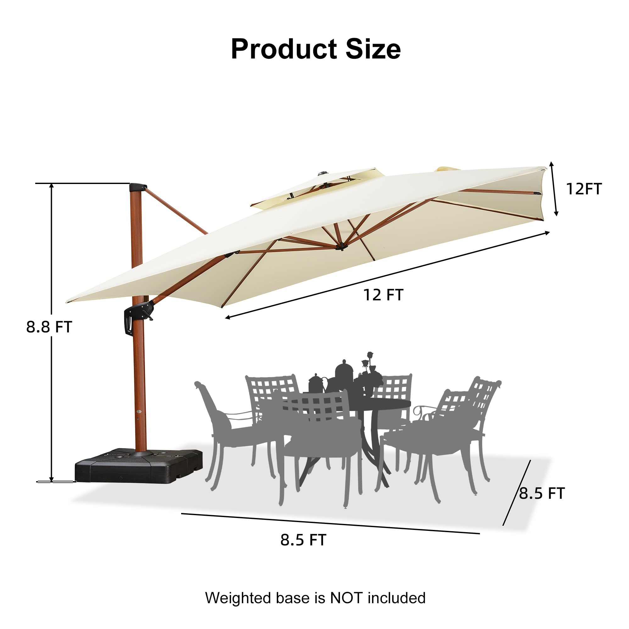 12ft Patio Umbrella Outdoor Square Umbrellas Large Cantilever Umbrella Windproof Offset Heavy Duty Sun Umbrellas for Garden Deck Pool Patio, Cream