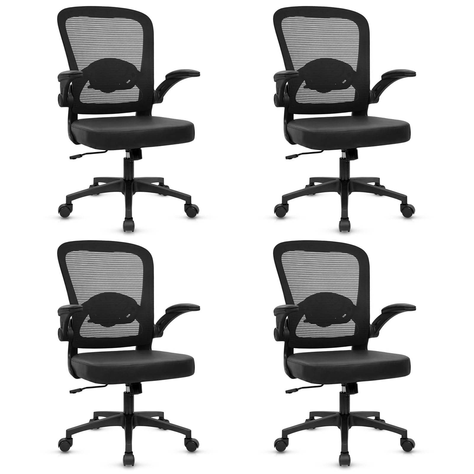 Home Office Desk Chair with Flip Up Armrests, Mesh Back Chair with Adjustable Height Lumbar Support and Leather Seat, Ergonomic Computer Task Chair for School, Conference, Black(4PK)