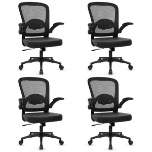Home Office Desk Chair with Flip Up Armrests, Mesh Back Chair with Adjustable Height Lumbar Support and Leather Seat, Ergonomic Computer Task Chair for School, Conference, Black(4PK)
