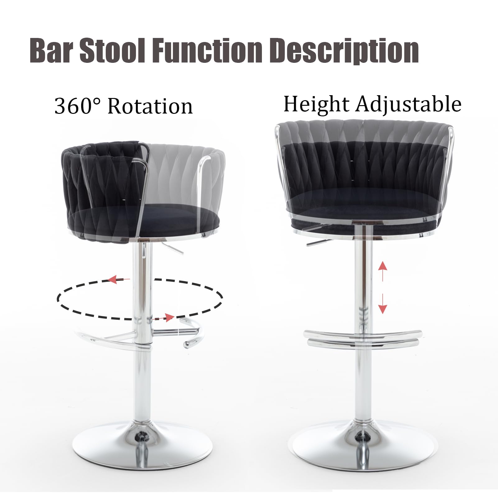 Velvet Bar Stools Set of 2, Swivel Counter Height Bar Stools with Back, Adjustable Woven Barstools for Kitchen Island, Pub, Club (Black)