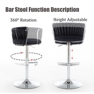 Velvet Bar Stools Set of 2, Swivel Counter Height Bar Stools with Back, Adjustable Woven Barstools for Kitchen Island, Pub, Club (Black)