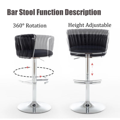 Velvet Bar Stools Set of 2, Swivel Counter Height Bar Stools with Back, Adjustable Woven Barstools for Kitchen Island, Pub, Club (Black)