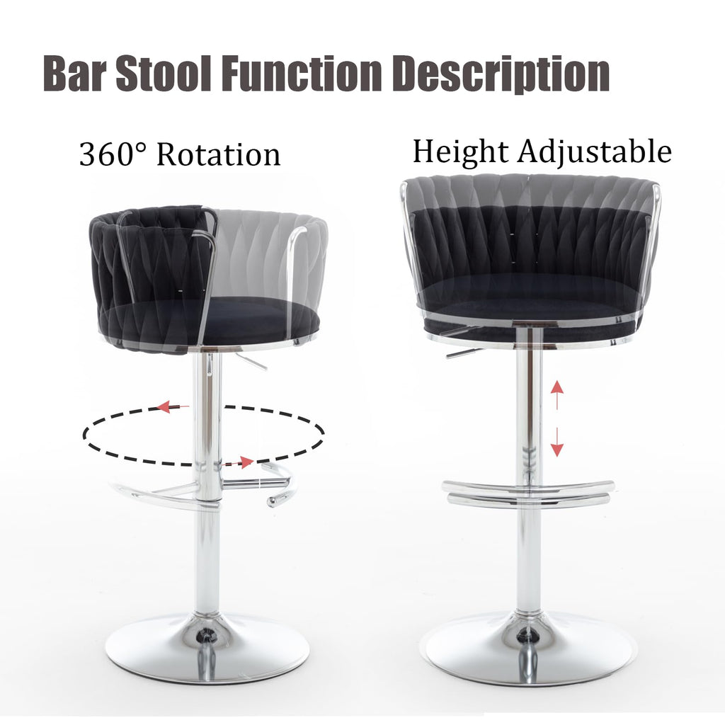 Velvet Bar Stools Set of 4, Swivel Counter Height Bar Stools with Back, Adjustable Woven Barstools for Kitchen Island, Pub, Club (Black)