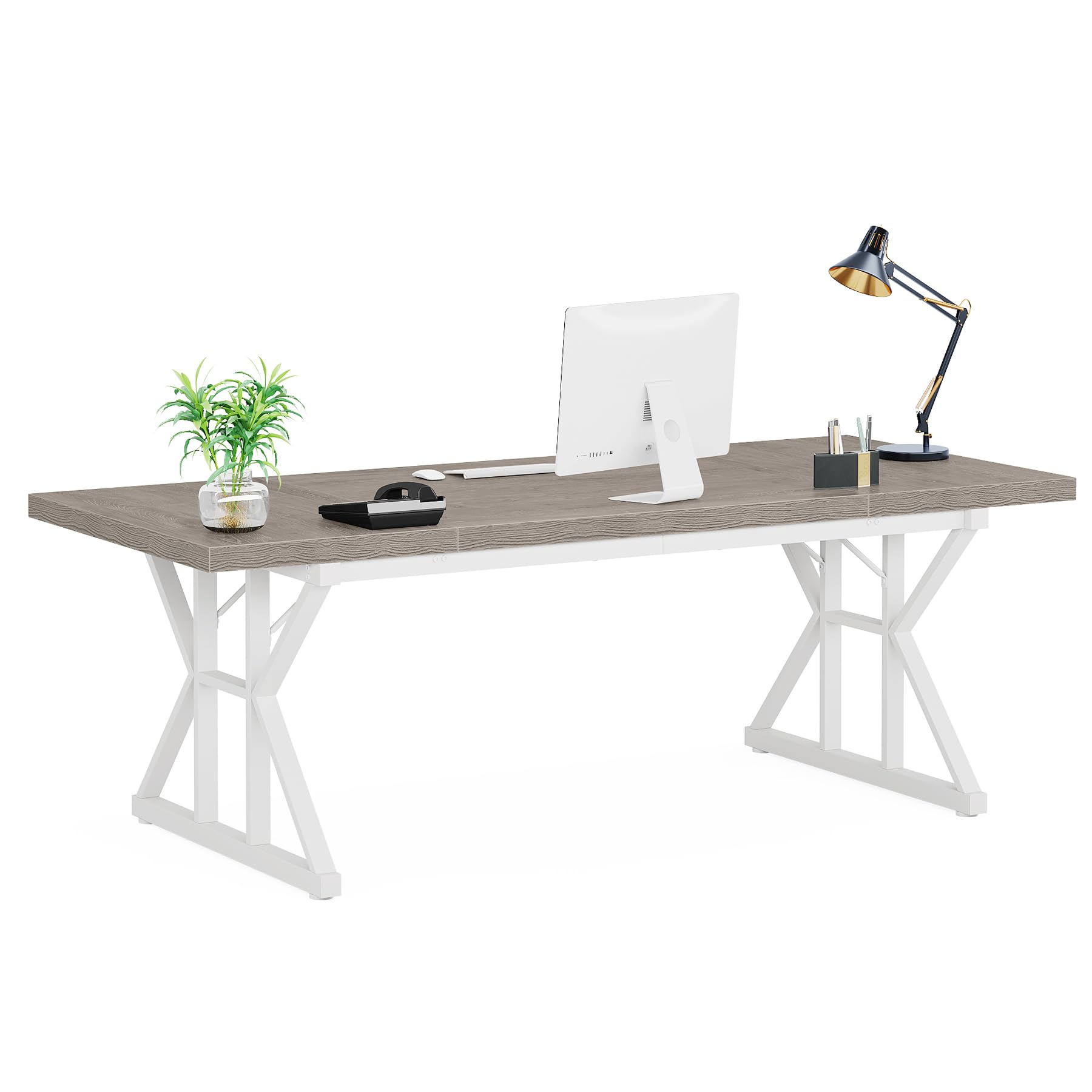 70.8-Inch Executive Desk, Large Computer Office Desk Workstation, Modern Simple Style Laptop Desk Study Writing Table Business Furniture for Home Office (Grey/White, 70.8 Inch)