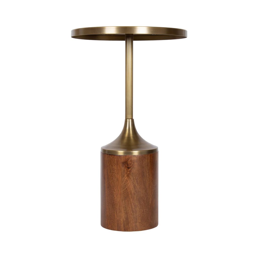 Whelan Modern Metal Round Side Table, 14 x 14 x 24, Antique Brass and Walnut Brown, Transitional Sculptural Indoor Plant Stand for Living Room End Table or Bedroom Nightstand