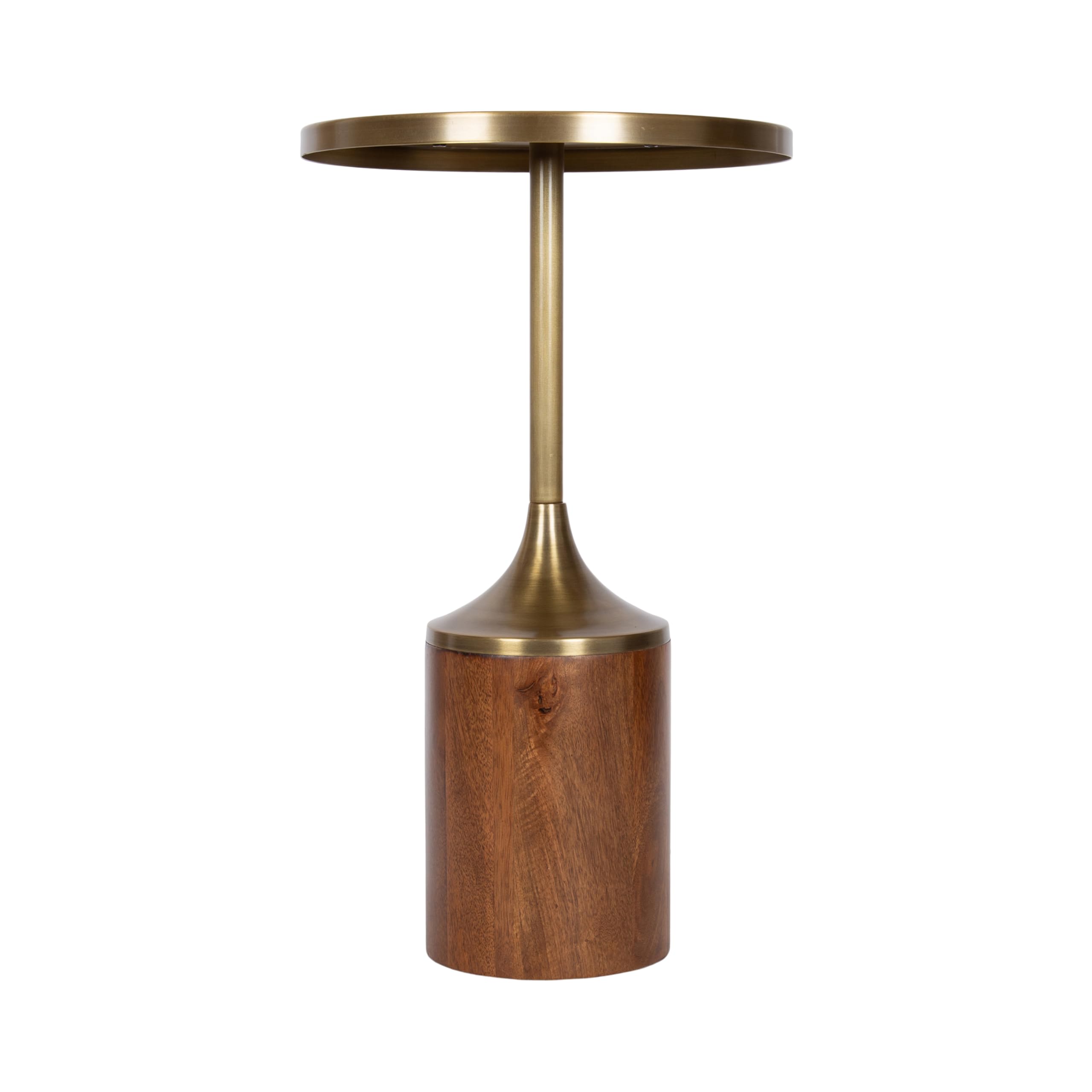 Whelan Modern Metal Round Side Table, 14 x 14 x 24, Antique Brass and Walnut Brown, Transitional Sculptural Indoor Plant Stand for Living Room End Table or Bedroom Nightstand
