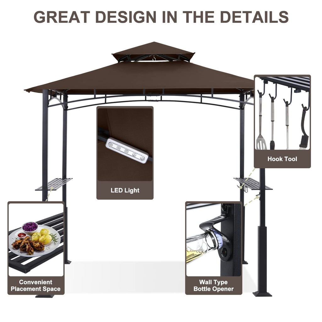 8x5 Grill Gazebo - Outdoor BBQ Canopy Shelter with Led Light for Patio Backyard Grilling (Brown)