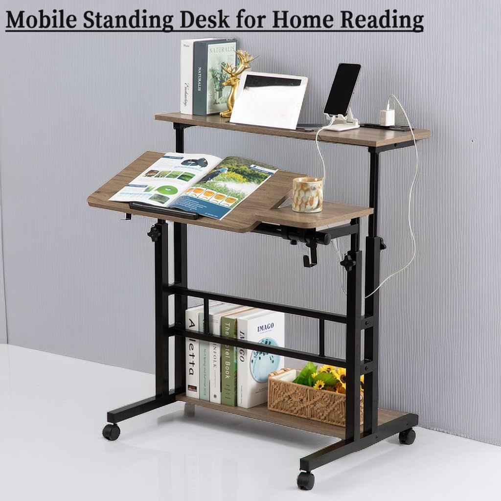 Rolling Stand Up Desk Adjustable Height - Portable Standing Desk with Wheels & Charging Station, Mobile Laptop Desk Small Standing Desk Drawing Table, Grey