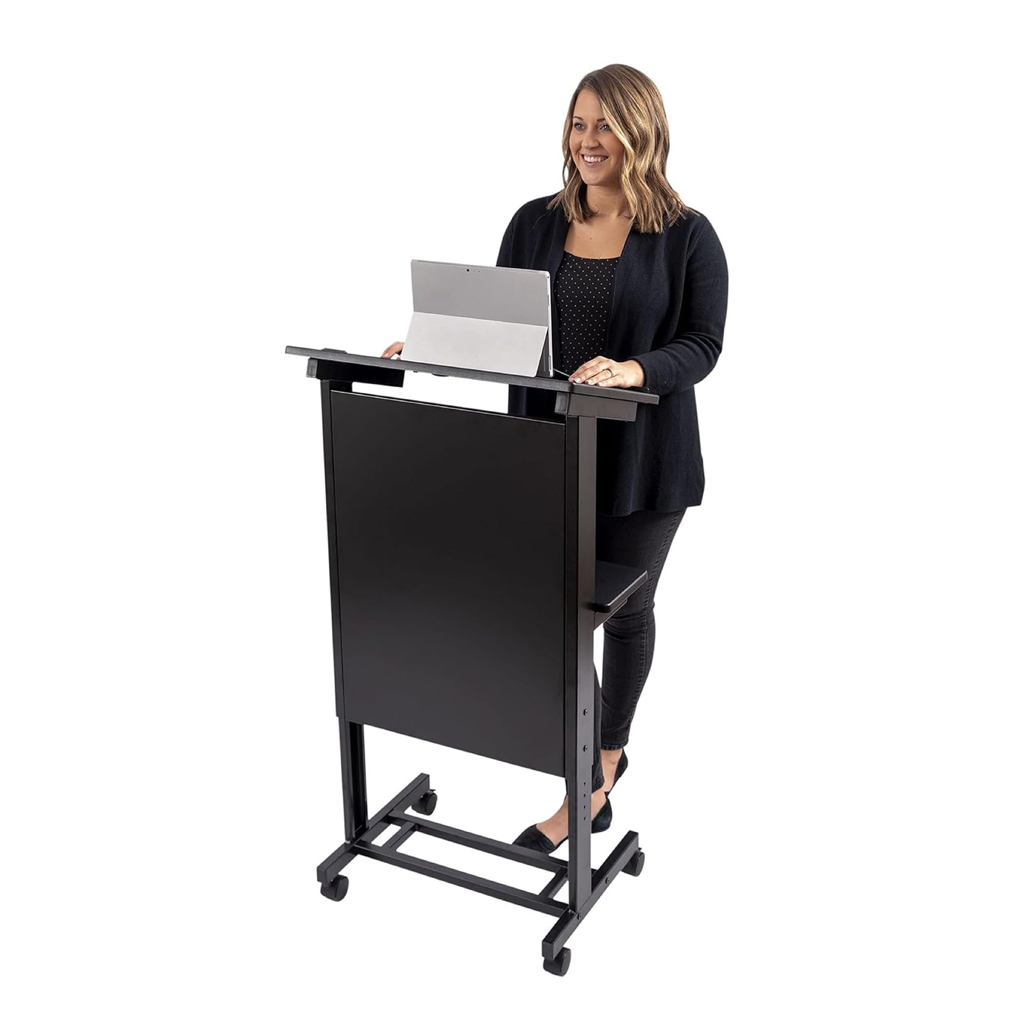 Stand Up Adjustable Height Lectern Podium | Rolling Desk with Storage Shelf | Ergonomic Standing Desk Frame for Office, Classroom, Laptop, Teaching, Presentations & More (Black)