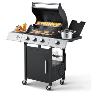 Upgraded 36,000 BTU Stainless Steel Burner Barbecue Grill, 3 Burner BBQ Propane Gas Grill with Cast Iron Grates & Side Stove for Patio, Camping, Outdoor Cooking