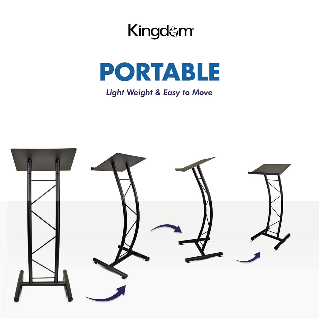 All Metal-Constructed Curved Lectern with “H” Style Base, Stand up Church Pulpit, Slanted Lectern, Conference Podium for Speakers, Speeches, Other Occasions, Powder Coat Finish Black